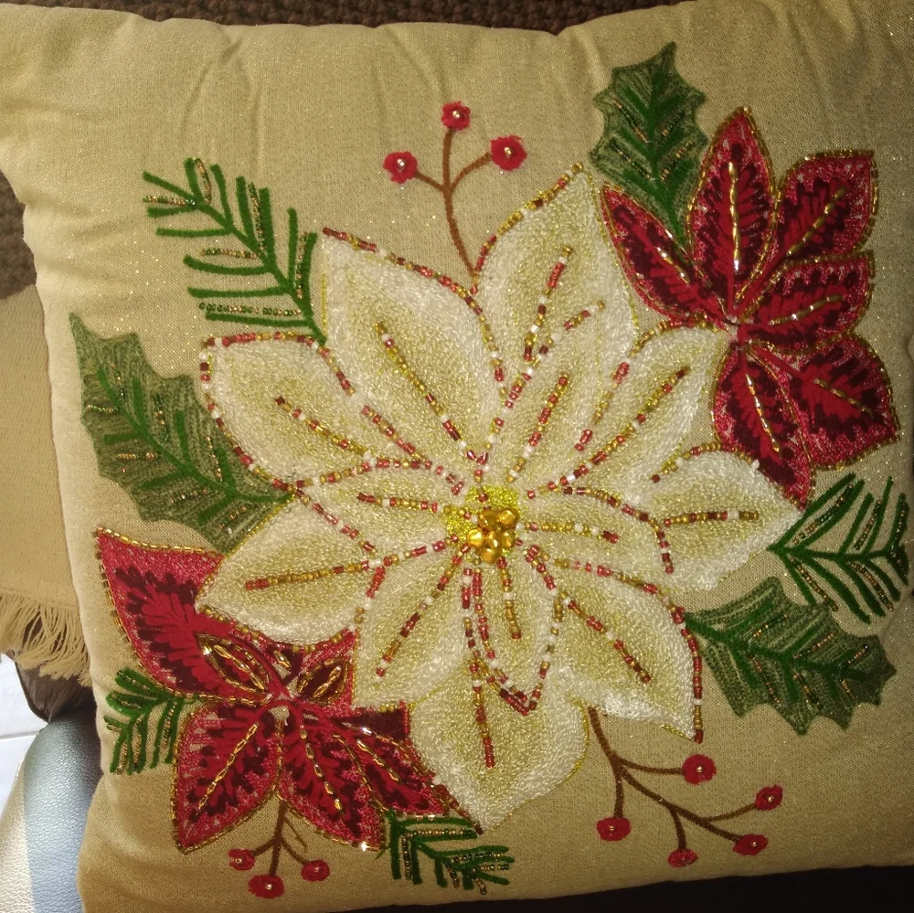 Holiday Pillow with Flower Red and Green Accents 19